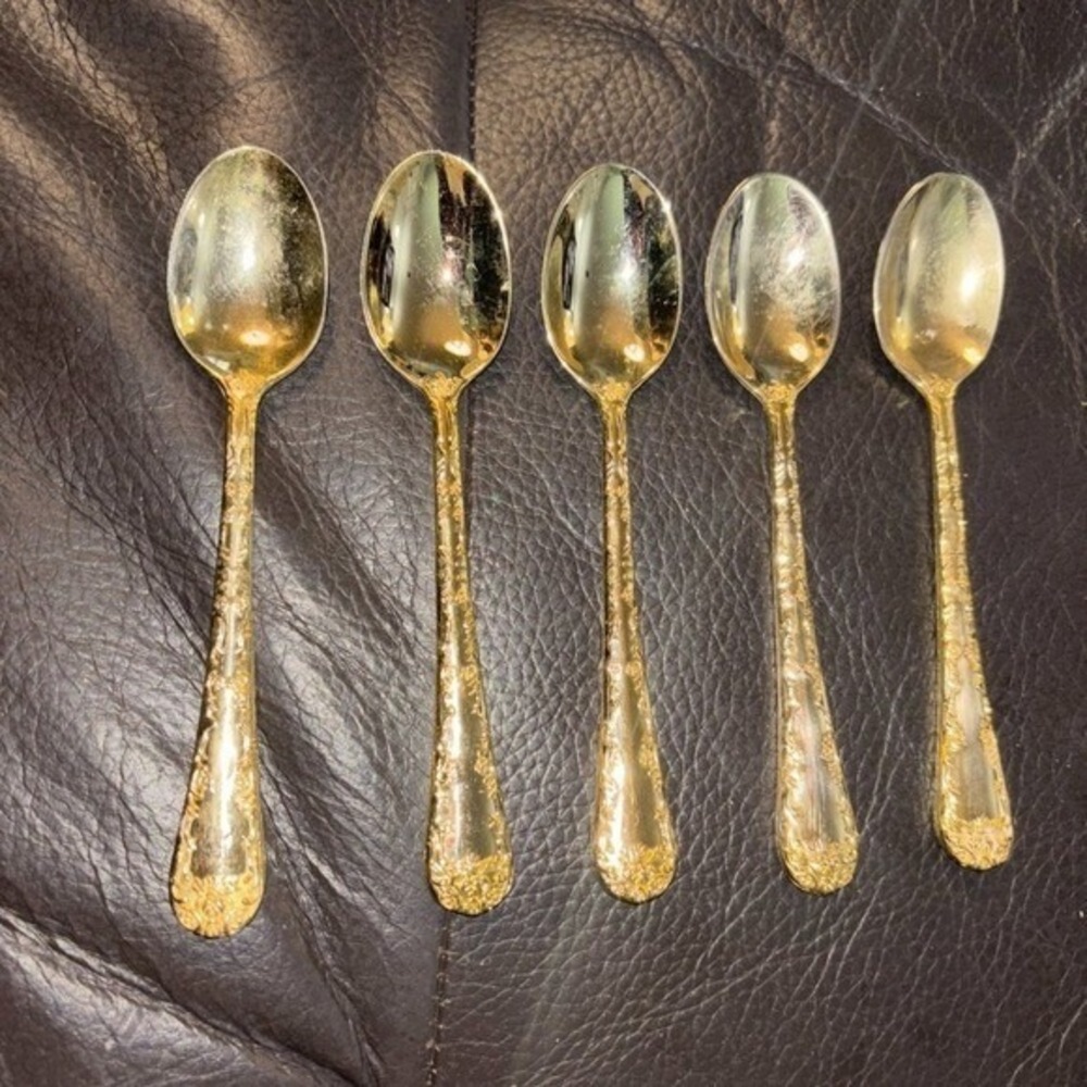 WM Rogers & Son‎ Victorian Rose Gold Electroplate Teaspoons Set 5 Floral Ornate